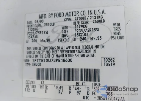 2003 Ford Ranger Edge/Xl/Xlt from USA, damaged, VIN 1FTYR10U73PB48630